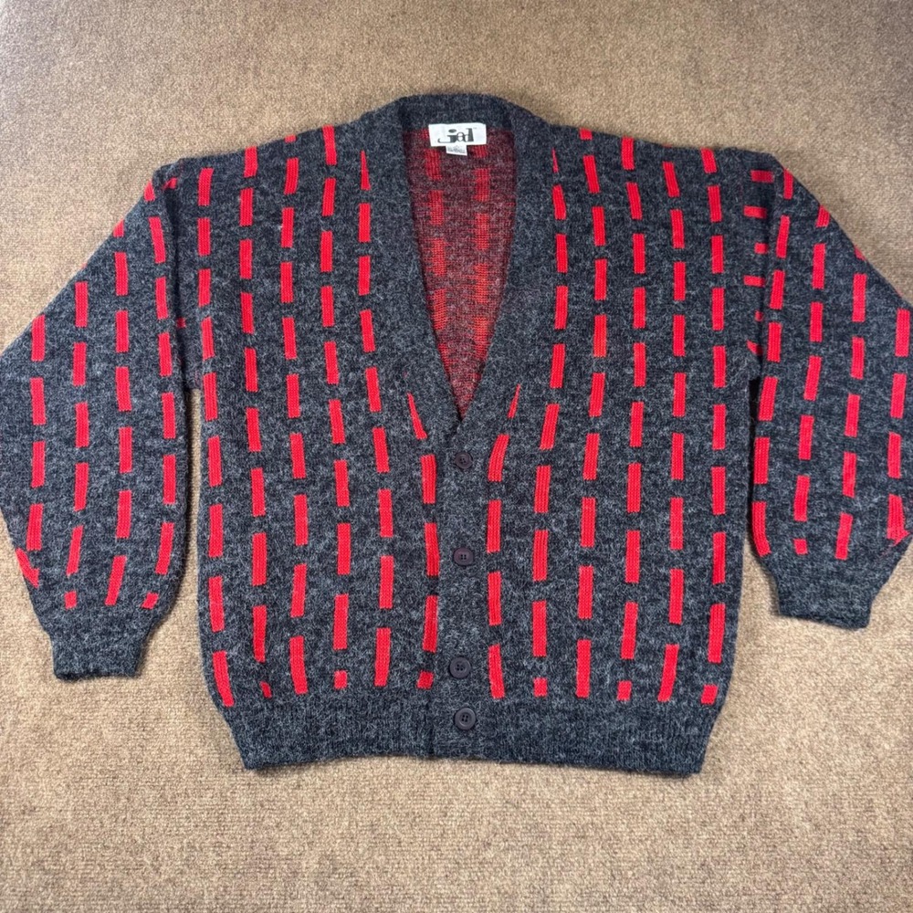 Vintage Jed Mens Cardigan Oversized Large Retro Red Gray Abstract Sweater